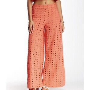 Free People Pants Size 10 Helena Eyelet Tropical Wide Leg Cutout Beachy Flowy